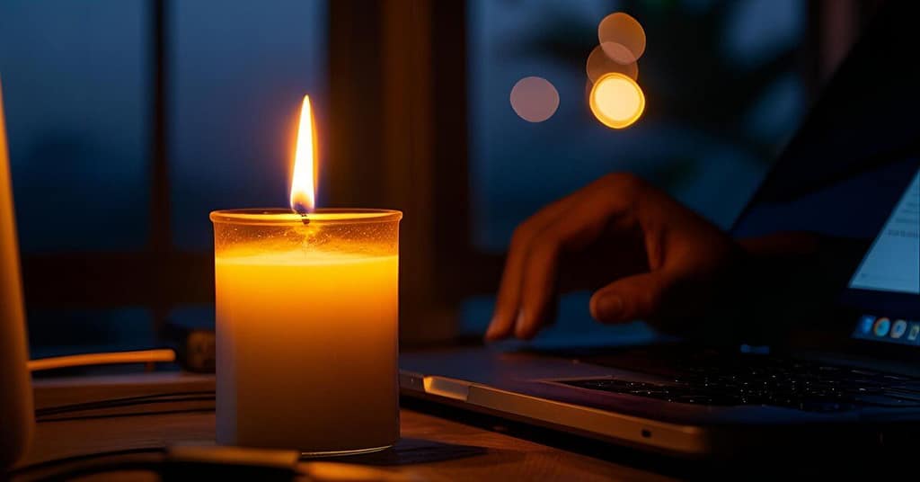 Candle and laptop during brownout while working remote in the Philippines