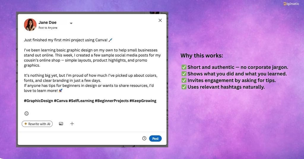 Example of an entry-level LinkedIn post sharing a new skill or small project.