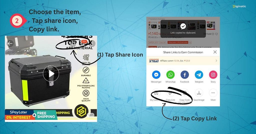 Shopback Cashback Guide Step 2 choose the item, tap share icon, copy link.