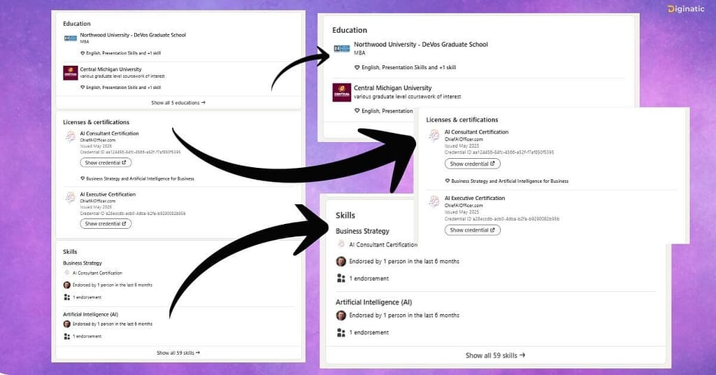 education, certificates and skills sample for linkedin profile
