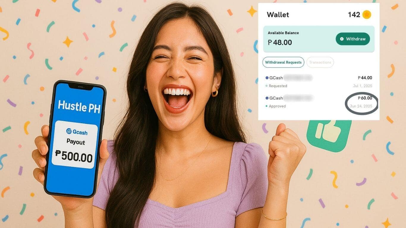 Cheerful young Filipino holding a smartphone showing Hustle PH App with GCash payout notification, tokens, coins, and spinner wheel icons for online earnings tutorial.